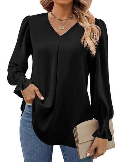 New solid color chiffon shirt V-neck pullover flared long-sleeved top shirt - PureSelect