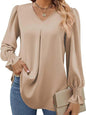 New solid color chiffon shirt V-neck pullover flared long-sleeved top shirt - PureSelect