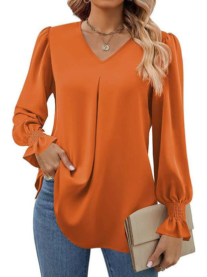 New solid color chiffon shirt V-neck pullover flared long-sleeved top shirt - PureSelect