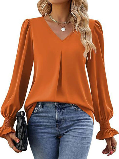 New solid color chiffon shirt V-neck pullover flared long-sleeved top shirt - PureSelect