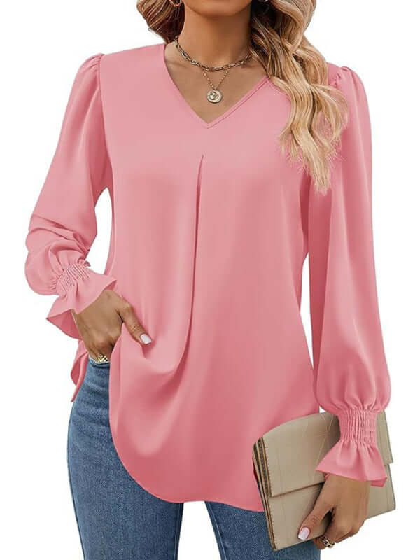 New solid color chiffon shirt V-neck pullover flared long-sleeved top shirt - PureSelect