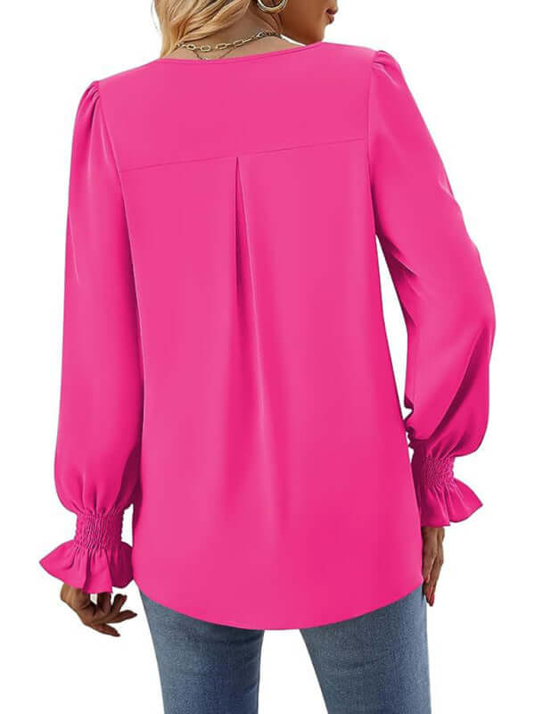 New solid color chiffon shirt V-neck pullover flared long-sleeved top shirt - PureSelect