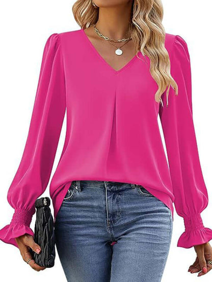 New solid color chiffon shirt V-neck pullover flared long-sleeved top shirt - PureSelect