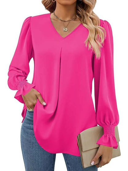 New solid color chiffon shirt V-neck pullover flared long-sleeved top shirt - PureSelect