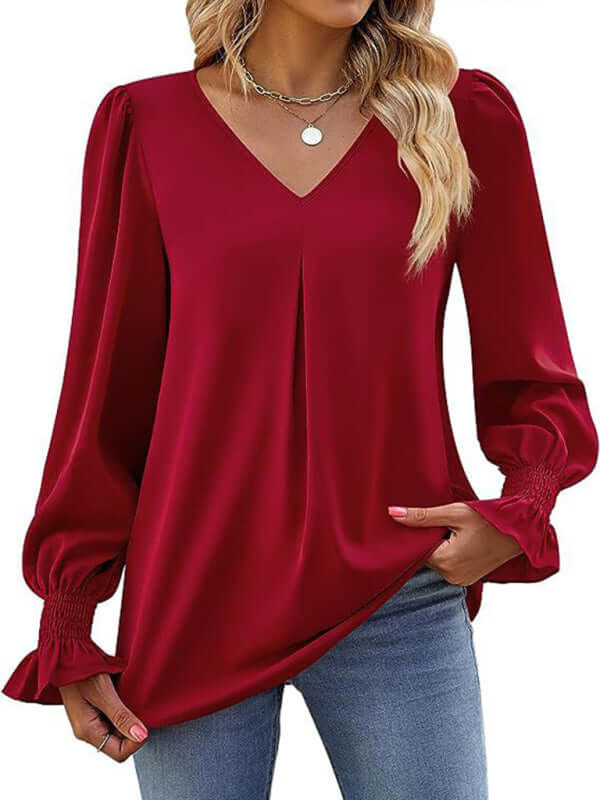 New solid color chiffon shirt V-neck pullover flared long-sleeved top shirt - PureSelect