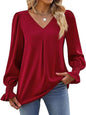 New solid color chiffon shirt V-neck pullover flared long-sleeved top shirt - PureSelect