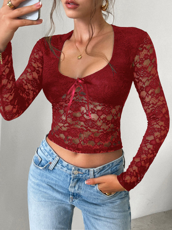 Beautiful y2k sexy style slim fit hollow long sleeve lace blouse top