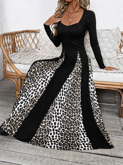 New leopard print stitching retro high waist long sleeve wide leg dress