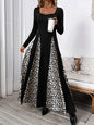 New leopard print stitching retro high waist long sleeve wide leg dress